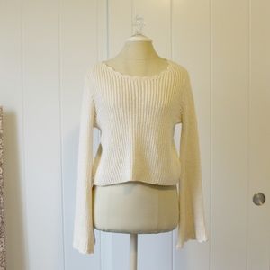 Scalloped Bell Sleeve Cropped Cream Ribbed Sweater